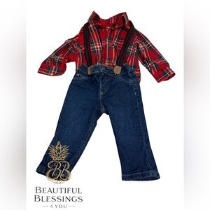 Carter’s 9 Month Old Baby Boy Denim Blue Jeans and Plaid Shirt with Suspenders